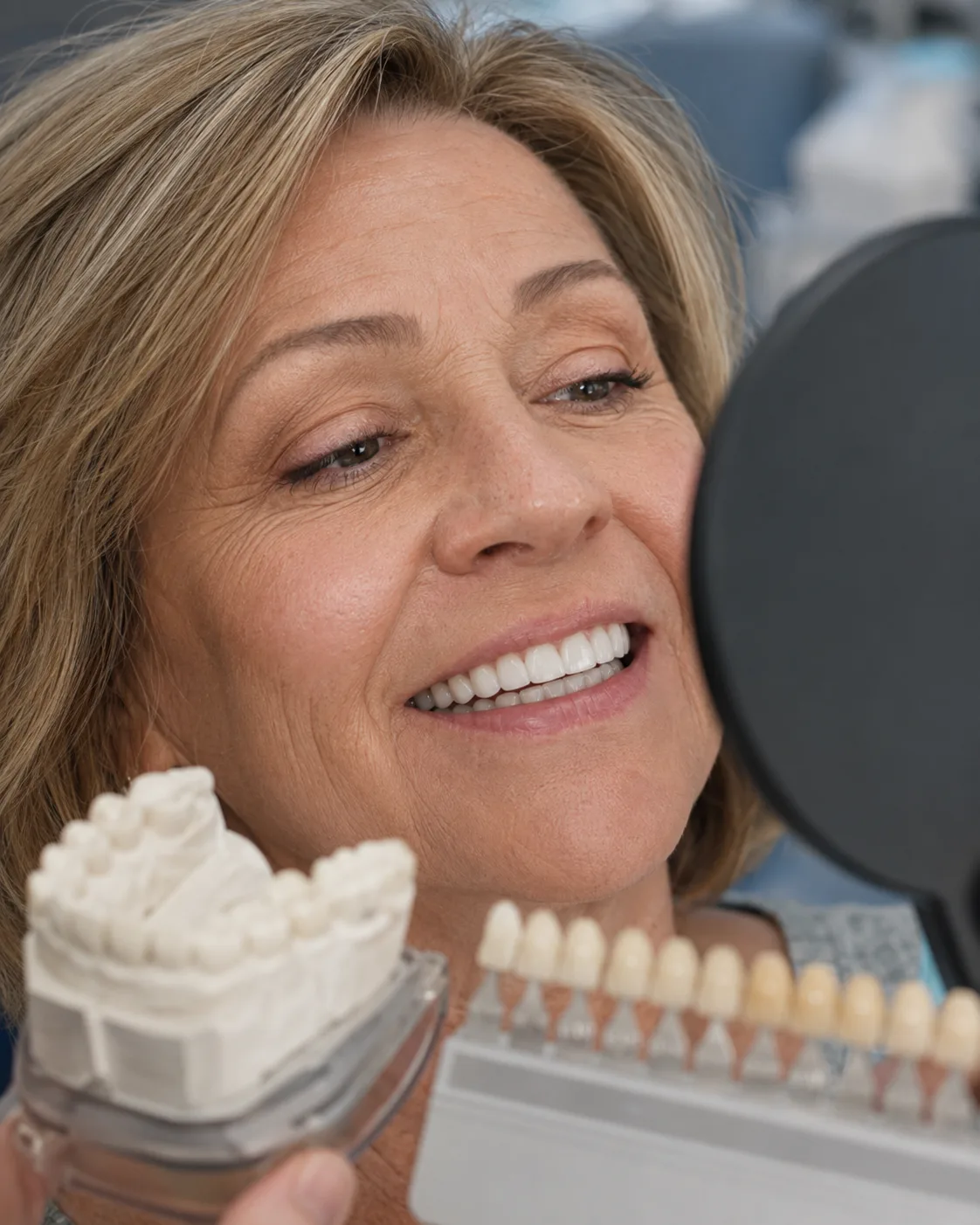 Patient reviewing a full mouth rehabilitation shade and model at Plaza Dental Arts